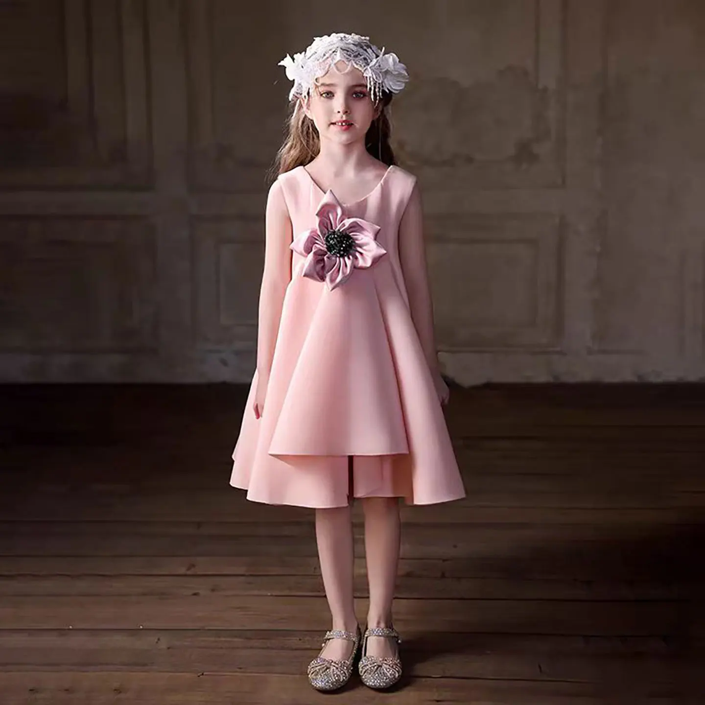Dreamy Vow Elegant O-Neck A-Line Sleeveless Applique Satin Flower Girl Dress Wedding Birthday Party Irregular Dress 2025 D045