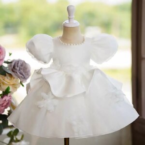 Dreamy Vow Elegant Satin Top Tulle Ruffle Flower Girl Dress With Neck Pearl Decoration Holiday Party First Communion 2025 D049