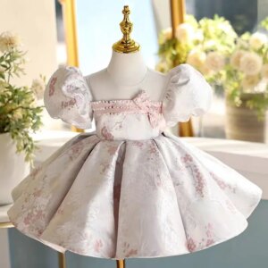 Jill Wish Silver Flower Girl Dress Chinese Style Beads Puffy Sleeve Princess Kids Wedding 1st Birthday Pageant Party Gown J461