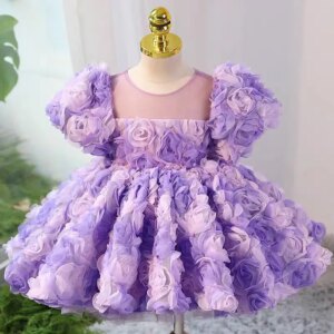 Dreamy Vow Chic Lilac 3D Flowers Girl Dress Kids 1st Toddler Wedding Birthday Holiday Party Celebration Short Ball Gown J736