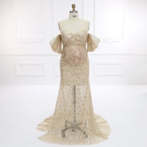 Gold Sequin Maternity Gown with Pearls Elegant Pregnancy Photography Dress Baby Shower Outfit YEWEN YW231140