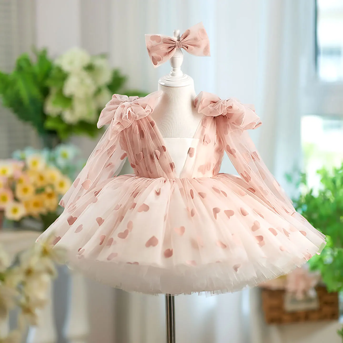 Dreamy Vow Charming V-Neck Long Sleeves Bowed Heart Pattern Tulle Baby Flower Girl Dresses Wedding Evening Prom Ball Gown D059