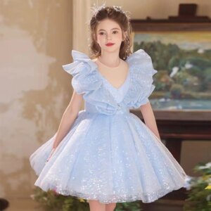 Dreamy Vow Graceful V-Neck A-Line Ruffled Flower Blue Girl Dress for Kids Birthday Holiday Wedding Party Short Ball Gown D030