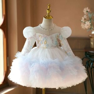 Jill Wish Sequins White Puffy Girl Princess Dress Knee Length Long Sleeve for Toddler 1st Birthday Wedding Party Gowns J408