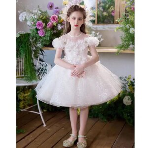 Dreamy Vow Adorable Off-Shoulder Applique Sequined Tulle Flower Girl Dress Wedding Birthday Evening First Communion Prom J840