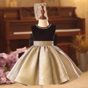 Dreamy Vow Luxury Shiny Gold O-Neck A-Line Flower Girl Dresses With Bow Sleeveless Wedding Pageant Party Princess Prom Gown J858