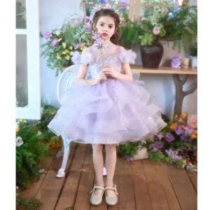 Dreamy Vow Beautiful Off Shoulder Beaded Tiered Tulle Lilac Flower Girl Dress Wedding Birthday Evening Party Spring Prom J512