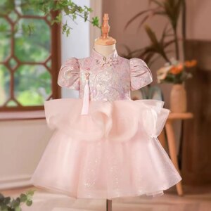 Dreamy Vow Adorable Chinese Style Satin Top Tulle Tassel Ruffled Flower Girl Dress for Kids Wedding Birthday Party Prom D004