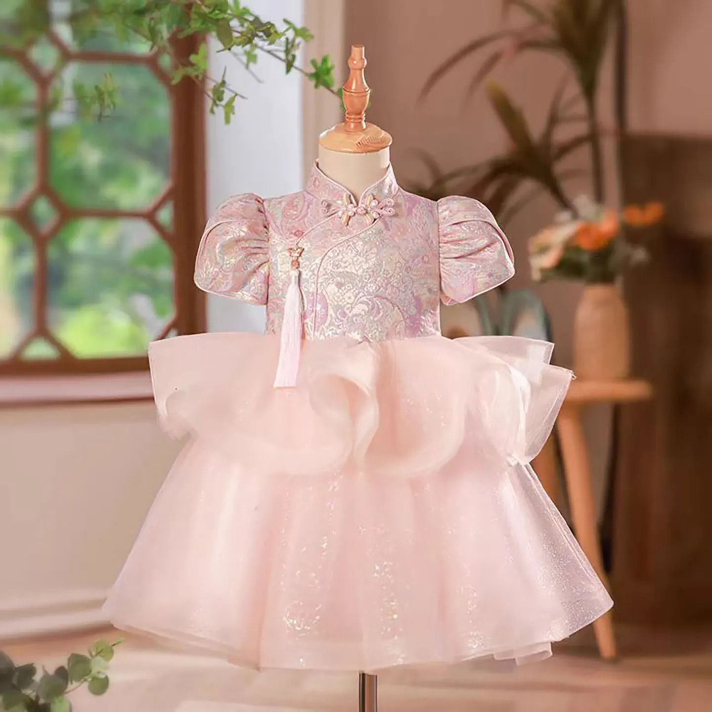 Dreamy Vow Adorable Chinese Style Satin Top Tulle Tassel Ruffled Flower Girl Dress for Kids Wedding Birthday Party Prom D004