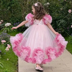 Jill Wish Elegant Pink Girl Dress Arabic Lace Puffy Sleeve for Princess Kids Birthday Wedding Party Pageant Holiday Gown J141