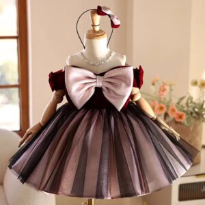 Jill Wish Elegant Burgundy Girl Dress Beaded Bow Toddler Kids Princess Birthday Wedding Party Evewning Ball Gown 2025 J464