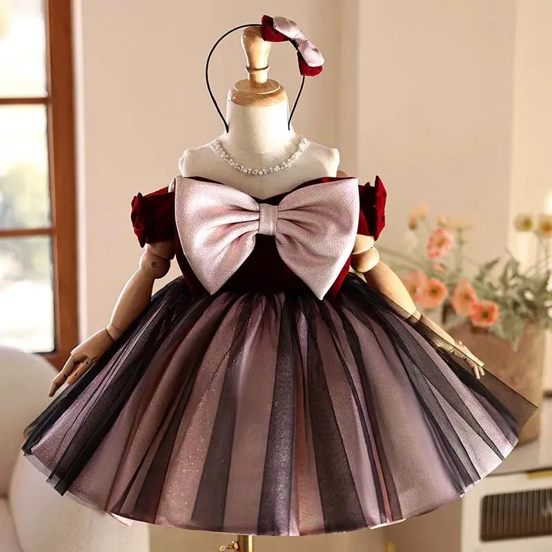 Jill Wish Elegant Burgundy Girl Dress Beaded Bow Toddler Kids Princess Birthday Wedding Party Evewning Ball Gown 2025 J464