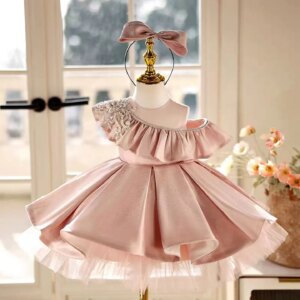 Dreamy Vow lovely One-Shoulder Ruffled Satin Pearl Pink Girl Dress for Kids Wedding Holiday Birthday Party Short Ball Gown D014