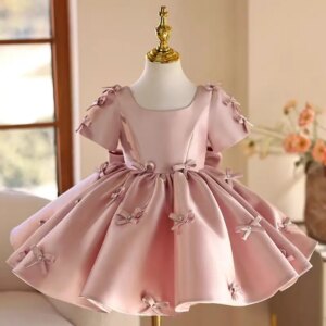 Jill Wish Pink Flower Girl Dress with Bow Satin Short Sleeve Princess Toddler Kids Wedding 1st Birthday Pageant Party Gown J720