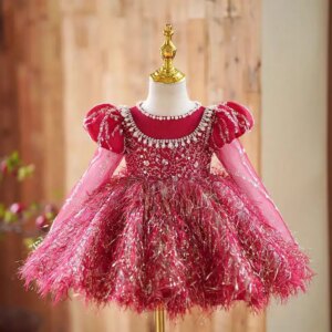 Jill Wish Elegant Pink Long Sleeve Feathers Girl Dresses Beads Knee Length for Kids Wedding 1st Birthday Holiday Party Gown J446