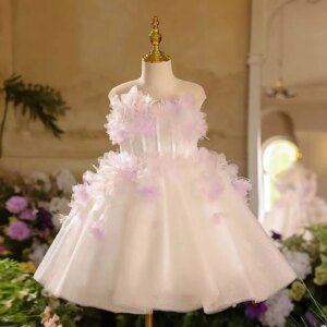 Dreamy Vow Lovely Sleeveless Tiered Tulle Flower Girl Princess Dress for Kids Wedding Birthday Party Spring Short Ball Gown D039