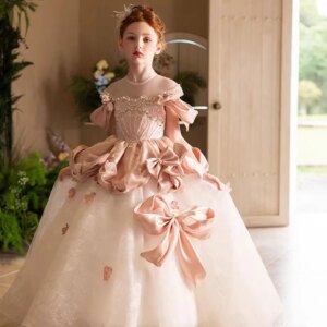 Jill Wish J361 Luxury Pink Dubai Satin Girl Dress with Bow Crystal Lace Princess Wedding Birthday Pageant Party Performance Gown