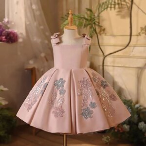Dreamy Vow Gorgeous Square Collar Sleeveless Bowed Pink Satin Baby Flower Girl Dresses Wedding Evening Prom Short Ball Gown D061