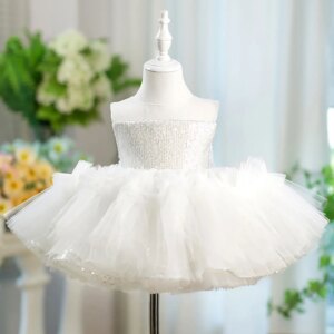 Dreamy Vow Adorable Sleeveless Sequined Tulle Flower Girl Dress Bow Wedding Birthday Party First Communion Short Ball Gown D068