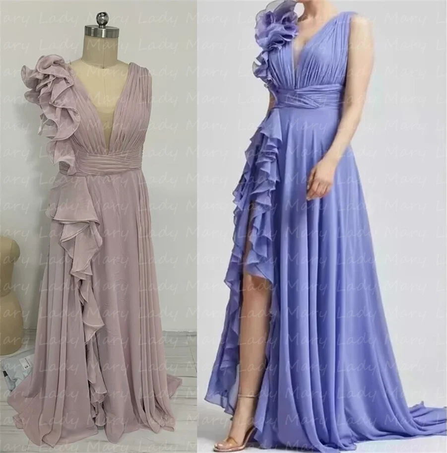 Customized Refreshing Color 3D Flower Ruffles Bridesmaid Dresses Slit Chiffon Formal Evening Prom Gowns robes de soirée