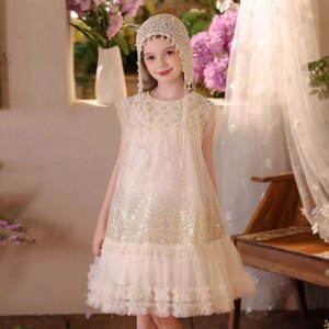 Dreamy Vow Luxury O-Neck Beaded Tulle Flower Girl Dress Sleeveless Dubai Wedding Birthday Holiday Evening Party Summer Prom J516