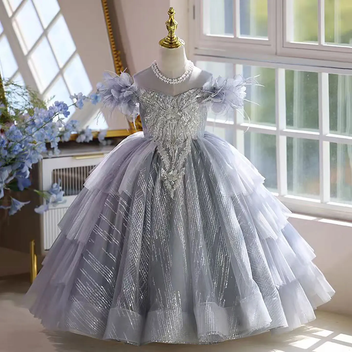 Dreamy Vow Elegant O-Neck Pearled Tiered Flower Girl Princess Dress Luxury Wedding Birthday Holiday Party Pageant Prom 2025 D040