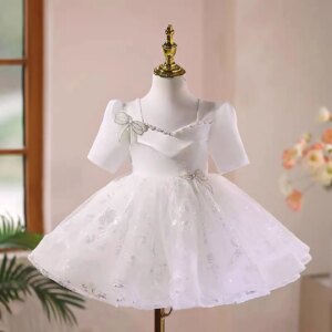 Dreamy Vow Shiny Beading Bow Decoration Flower Girl Dress Short Sleeves Wedding Birthday Holiday Party Prom Short Ball Gown D046