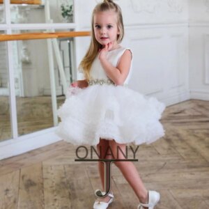 JONANY Cute Tiered Flower Girl Dresses with Crystal Belt Aline Birthday Pageant Gown Communion Robe De Demoiselle Baby