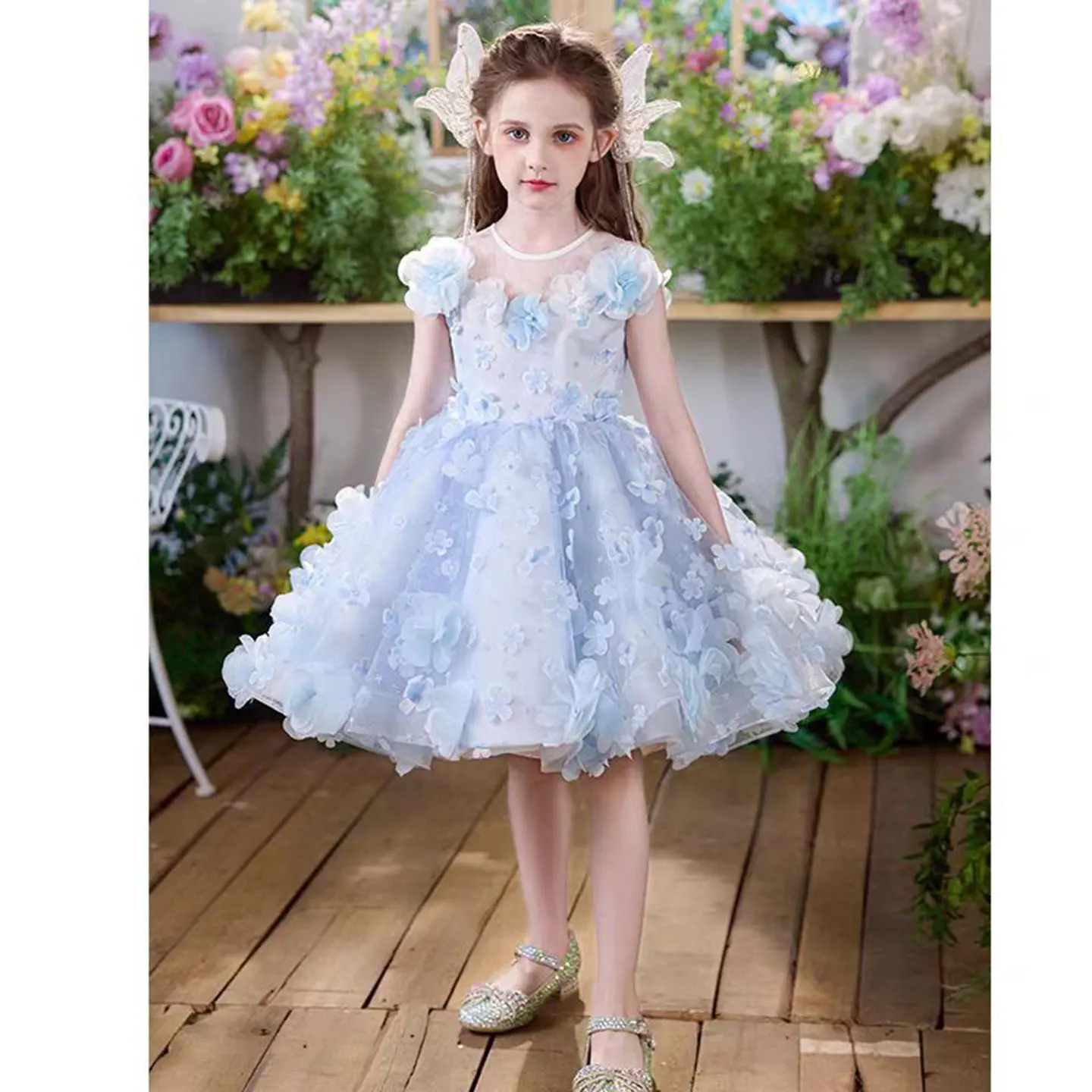 Dreamy Vow Elegant O-Neck Applique Tulle Blue Flower Girl Dress Sleeveless Wedding Birthday Holiday Party Knee-Length Prom J838