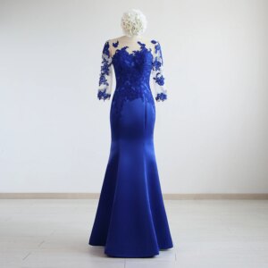 Royal Blue Satin Lace 3/4 Sleeves Floor-Length Mermaid/Trumpet Mother Of The Bride Dresses Customized Made