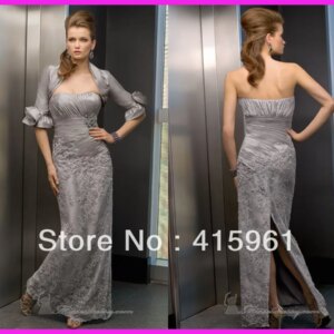 drop shipping vestido de festa Luxury Silver Long Sleeves Lace custom size Taffeta Mother of the Bride Dresses Gowns With Jacket
