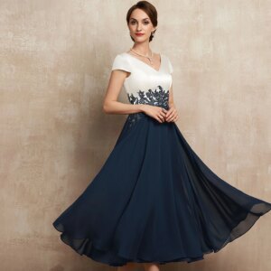 Customized Chic Chiffon Tea Length Mother Of The Bride Dress For Woman Short Sleeves A Line With Applique Elegant Wedding Guest
