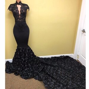 so Ebi Black 3D Rose Flower Mermaid Bridesmaid Dresses Lace High Collar Long Prom Gowns Short Sleeves Nigeria Party Dress