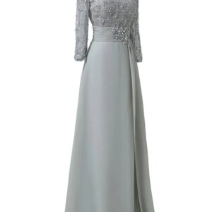 2022 Sliver Lace Mother of the bride Groom Plus size With Long Sleeves Sequin V neck Chiffon Ruched Formal Evening Gowns