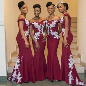 Wholesale Burgundy African Bridesmaid Dresses Plus Size Off The Shoulder White Lace Mermaid Wedding Guest Dress Cheap