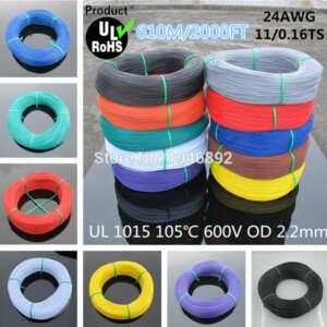 610 meters 2000FT Flexible Stranded 24AWG UL1015 Diameter 2.2mm 105 degree 600V Electronic Wire Conductor 10 Colors to Select