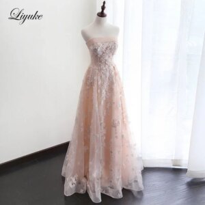 Liyuke Custom Made Strapless Sleeveless A-Line Mother of the bride dress With Beading Pearls Sequined With Flower Formal Dress