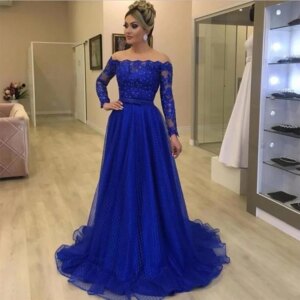 Plus Size Modern Lace Mother of the Bride Dresses Blue Appliqued Bow Belt Gown Royal Long Sleeve Wedding Party Customized