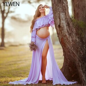 Shoulderless Chiffon Two Piece Long Sleeves Maternity Dress for Pregnant Women Photo Shoot 2025 Fancy Photography Props YW231003