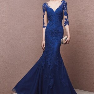 Blue Mother Of The Bride Dresses Mermaid V-neck Half Sleeves Tulle Lace Plus Size Groom Long Mother Dresses For Wedding