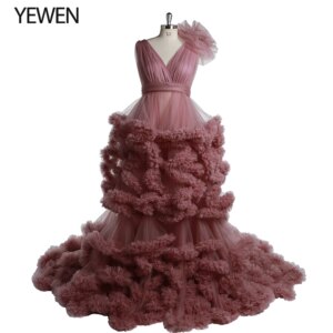 Old Pink Off Shoulder V Neck Maternity Dress with Train Cloud Ruffles Gown for Wedding Photo Shoot Pregnancy Photography