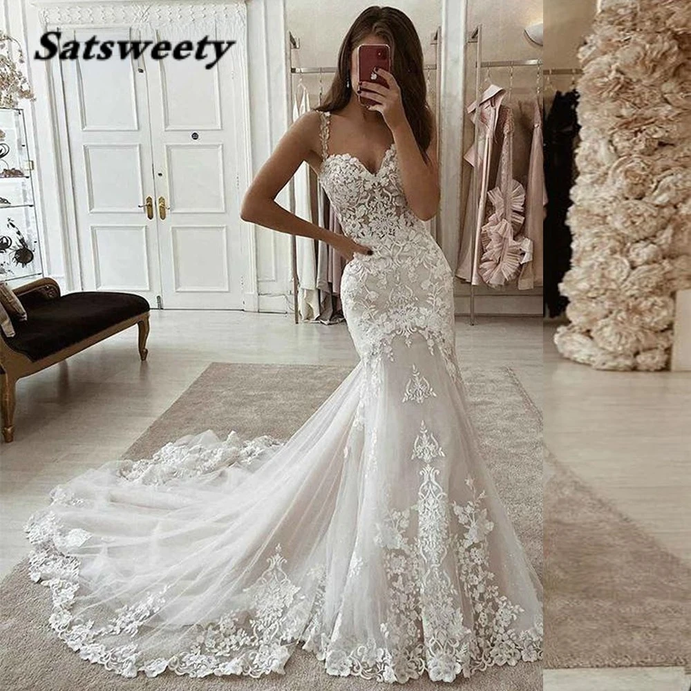Mermaid Sweetheart Bride Lace Wedding Dress Court Train Sleeveless New Bridal Gown For France Women Свадебное платье