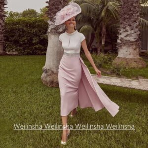 New Mother of The Bride Dress Customized Round Neck Cap Sleeve Pearls Beading Belt Tea Length Mermaid Wedding Guest Gown
