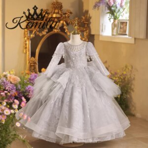 Silver Grey Flower Girl Dress with round Neck Long Sleeve Ball Gown for Beauty Pageant Customizable