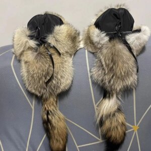 Real wolf fur earmuffs hat coyote bomber fur hat winter warm and personalized animal tail hat