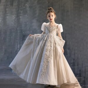 Jill Wish J185 Luxury Beaded Champagne Girl Bridesmaides Dresses Arabic for Princess Kids Birthday Wedding Party Pageant Gown