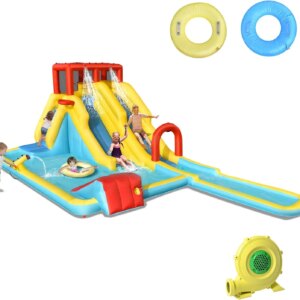 Inflatable Water Slide With 950w Blower, Double Slide Water Park Bounce House w/Climbing, Splash Pool, Blow Up Water Slides