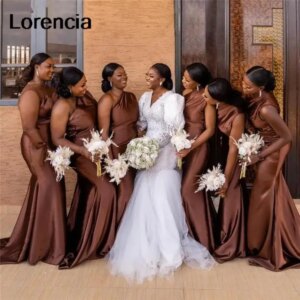 Lorencia 2024 Brown Bridesmaid Dress Mermaid One Shoulder Sleeveless Long Silk Satin Wedding Party Bridesmaid Gowns Zipper YBD62