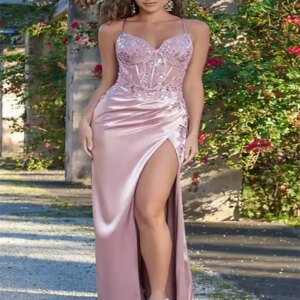 Sexy Spaghetti Straps Lace V-NeckSleeveless Ball Gowns Sheer Corset Long Mermaid Prom Dresses With Split Appliques Evening Gown