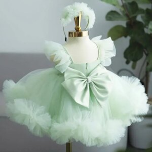 Birthday Party Banquet Holy Communion Gowns Flower Girl Dresses Light Green Tulle Puffy With Bow Sleeveless For Wedding